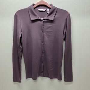 XXS Long Sleeve Top Collared Rib Button Front -Anybody faded plum  A367698